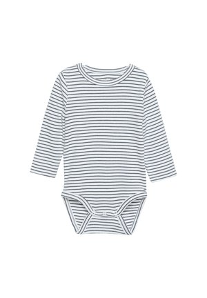 Langärmliger Body in Weiß und Marineblau gestreift, aus weichem Stoff, runder Ausschnitt, Druckknopfverschluss am Boden, figurbetonte Passform.