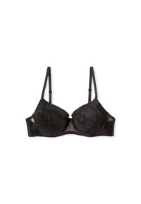 Sostenes negro con detalles de encaje floral, copas con aros, tirantes ajustables y una textura suave. Presenta un panel trasero transparente.