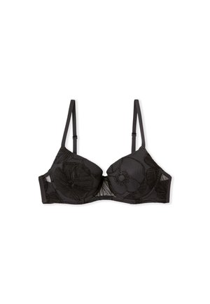 Sostenes negro con detalles de encaje floral, copas con aros, tirantes ajustables y una textura suave. Presenta un panel trasero transparente.