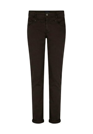 Zwarte slim-fit broek met opgerolde pijpen, voorste knoop en zakken op een witte achtergrond.