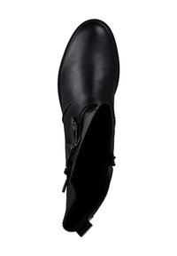 Bottine en cuir noir avec une texture lisse, fermeture éclair sur le côté et bout arrondi. Présente des coutures minimales et une semelle robuste.