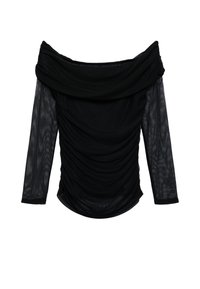 Haut noir décolleté épaules avec manches longues en voile transparent, présentant un tissu drapé et un détail froncé, créant une apparence texturée.