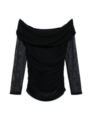 Haut noir décolleté épaules avec manches longues en voile transparent, présentant un tissu drapé et un détail froncé, créant une apparence texturée.