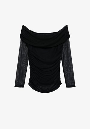 Top nero scollato sulle spalle con maniche lunghe trasparenti, caratterizzato da tessuto drappeggiato e dettaglio arricciato, che crea un effetto testurizzato.
