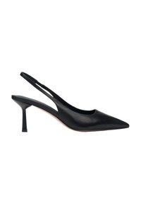 Zwarte slingback pumps met een spitse neus, gemaakt van soepel leer. Beschikt over een dunne hak en uitsnijdingen aan de zijkanten.
