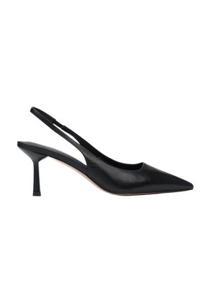 Czarne szpilki typu slingback z ostrym czubkiem, wykonane z gładkiej skóry. Posiadają cienką szpilkę i wycięcia po bokach.