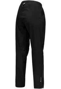 Svarta utomhusbyxor har en elastisk midja, dragkedjefickor på sidan och en avsmalnande design, tillverkade av lätt, vattenavvisande material.