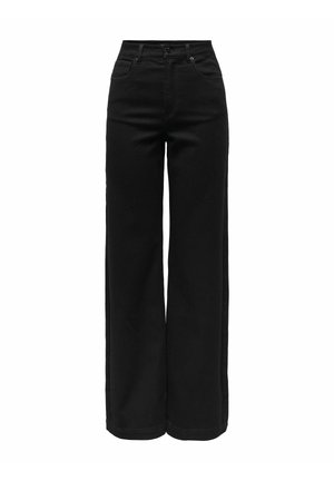 Black wide-leg pants made from denim, featuring a high waist, five-pocket design, and a button closure. Smooth texture and minimal detailing.