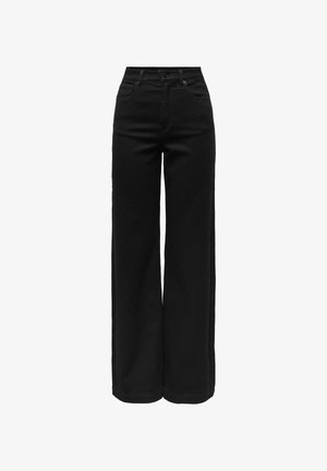 Black wide-leg pants made from denim, featuring a high waist, five-pocket design, and a button closure. Smooth texture and minimal detailing.