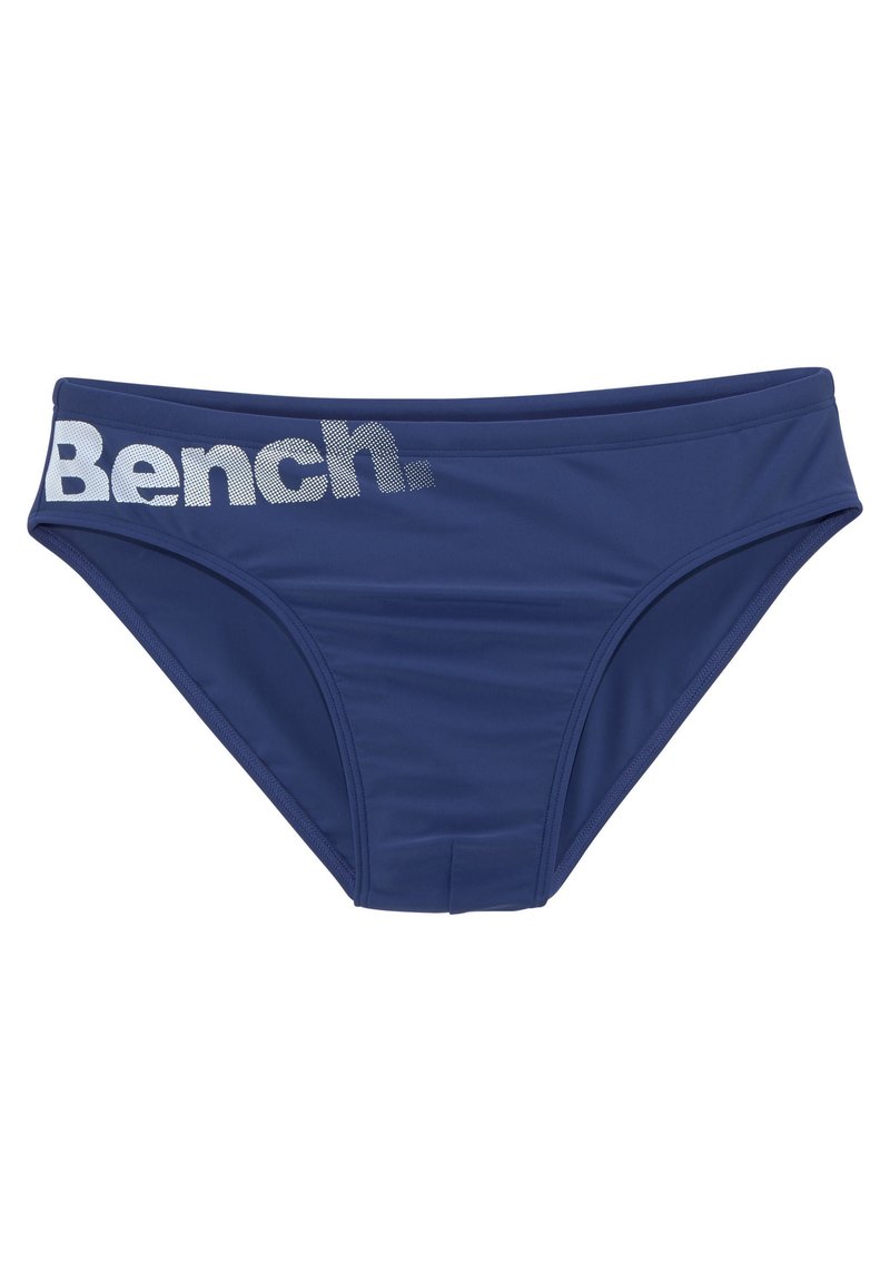 Navy-blauer Bikiniunterteil aus glattem, dehnbarem Material. Verfügt über einen breiten Bund mit dem Aufdruck "Bench." in reflektierendem Silber.