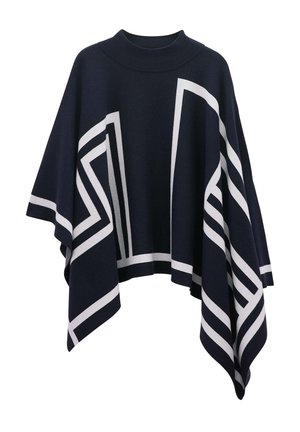 Navy-Poncho aus Strickstoff mit auffälligen weißen geometrischen Mustern, einem hohen Hals und einer lockeren, drapierten Silhouette.