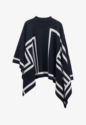 Navy-Poncho aus Strickstoff mit auffälligen weißen geometrischen Mustern, einem hohen Hals und einer lockeren, drapierten Silhouette.