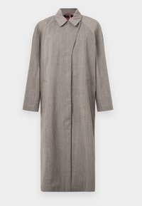 Jasnoszary długi płaszcz wykonany z teksturowanej tkaniny, z kołnierzem, otwartym przodem i rękawami raglanowymi.