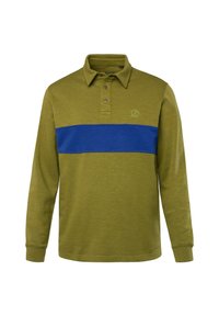 Polo a maniche lunghe di colore verde oliva con una striscia orizzontale blu, caratterizzato da un colletto, una pattina con tre bottoni e un tessuto testurizzato.