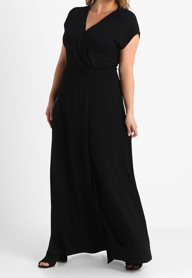 Czarna maxi sukienka z lekkiego materiału, z krótkimi rękawami, głębokim dekoltem w kształcie litery V i elastycznym paskiem w talii. Gładka tekstura i luźny krój.
