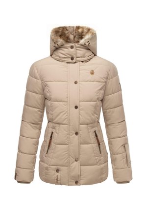 Beige pufferjack met een bontgevoerd capuchon, drukknoopsluitingen, ritszakken aan de zijkanten en een geometrisch quiltpatroon. Logo op de borst en leren accenten.
