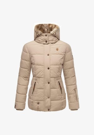 Beige puffjacka med en huva klädd i päls, tryckknappar, dragkedjefickor på sidorna och vadderad textur. Logotyp på bröstet och läderdetaljer.