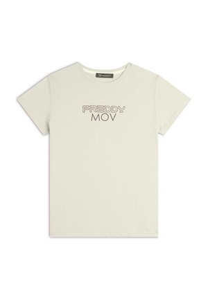 T-shirt in cotone beige chiaro con maniche corte, scollo rotondo e grafica testuale frontale "FREDDY MOV" in marrone scuro.