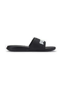 Sort glidesandal med en tekstureret fodseng, der har en bred, glat rem og hvid logo-detalje. Fremstillet af syntetisk materiale.