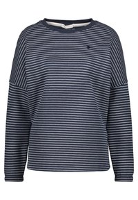 Felpa a maniche lunghe a righe blu navy con righe orizzontali bianche, scollo rotondo e vestibilità rilassata. Tessuto morbido. Senza chiusure visibili.