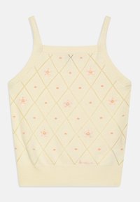 Top in maglia giallo chiaro con spalline sottili; presenta un motivo a diamante e ricami floreali in rosa e beige. Orlo a costine nella parte inferiore.