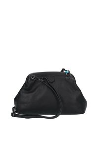 Borsa a tracolla in pelle nera con finitura testurizzata, dotata di chiusura superiore con zip e tracolla removibile, impreziosita da una linguetta di chiusura blu.