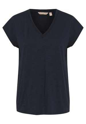 Tumman laivastonsininen V-painike lyhythihainen t-paita, joka on valmistettu pehmeästä ja kevyestä kankaasta. Paita on rento istuvalta ja siinä on hienovarainen tekstuuri.