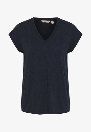 Tmavě námořnická modrá tričko s výstřihem do V a krátkým rukávem vyrobené z měkkého, lehkého materiálu, s volným střihem a jemnou texturou.