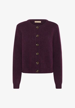 Vibrant purple wool cardigan with long sleeves, round neckline, and six dark brown buttons down the center. Ribbed texture at cuffs and hem.