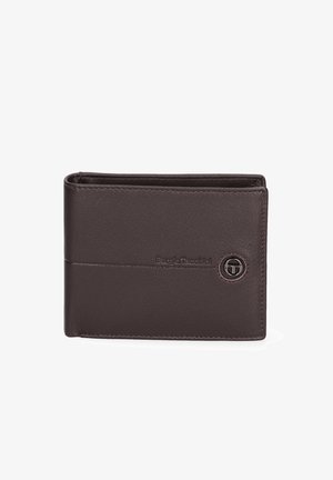 Brown leather wallet with a rectangular design, featuring a textured surface, a logo detail, and a slim profile for easy storage.