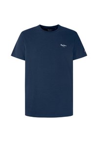 T-shirt in cotone blu navy con maniche corte, colletto rotondo e piccolo logo bianco sul petto. Tessuto morbido e vestibilità classica.