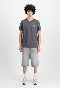 Halli puuvillane T-särk lühikeste varrukatega ja ümmarguse kaelusega. Kandmiseks heledate hallide põlvepikkuste lühikeste pükste ja spordijalanõudega. Lihtne disain.