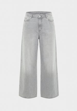 Ανοιχτό γκρι τζιν παντελόνι με φαρδιά ποδιά, με κουμπί και φερμουάρ μπροστά, πεντάτσεπη σχεδίαση και θηλιές για ζώνη.
