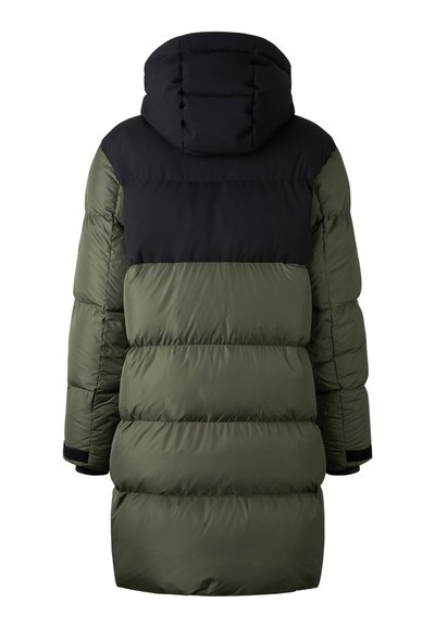 Puffer coat in olive green with a black upper section. Features a hood, ribbed cuffs, and a quilted texture. Mid-length design.