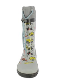 Grijze rubberen regenlaars met een gestructureerde teengedeelte, versierd met kleurrijke patronen van bouwvoertuigen, en een trekkoordsluiting bovenaan.