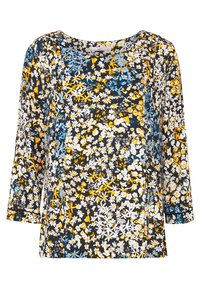 Langærmet sort bluse med et blomsterprint i hvid, gul og blå. Blødt stof med en rund halsudskæring og en afslappet pasform.