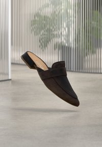 Mule pointue marron foncé à enfiler avec un petit talon bloc flottant au-dessus d’un sol en béton clair, avec des stores verticaux et des plantes floues en arrière-plan.