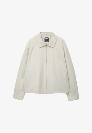 Hellgraue Jacke mit einem Umlegekragen, Frontreißverschluss und zwei Seitentaschen. Glattes Material mit lockerer Passform und minimalen Nahtdetails.