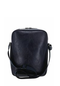 Sac bandoulière en cuir marine, forme rectangulaire, surface texturée, bandoulière réglable, fermeture éclair, logo en accent sur le dessus.