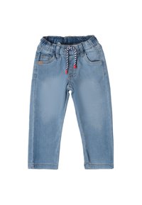 Pantaloni in denim azzurro chiaro con elastico in vita, cordino a contrasto, due tasche frontali e un taglio dritto.