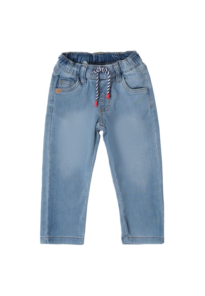 Pantaloni in denim azzurro chiaro con elastico in vita, cordino a contrasto, due tasche frontali e un taglio dritto.