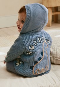 Cardigan à capuche tricoté bleu clair avec texte "ROARSOM", motif dinosaure et accents décoratifs. Comprend un tricot texturé et un tissu doux.