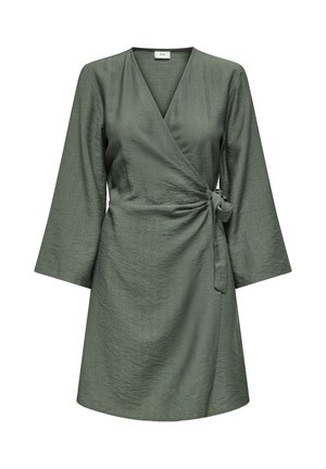 Green wrap dress with long wide sleeves, V-neckline, and tied waist on a smooth textured fabric.