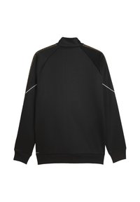 Svart sportjacka med hög krage, långa ärmar och en figursydd nederkant. Har guldaccent vid axlarna och vitt piping-detalj.