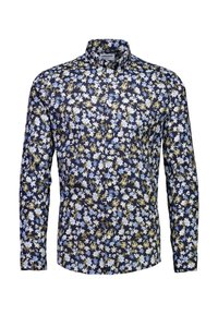 Koszula na guziki w kolorze granatowym z kwiatowym wzorem, zawierająca białe i jasnoniebieskie kwiaty oraz złote akcenty. Długie rękawy i klasyczny kołnierz.