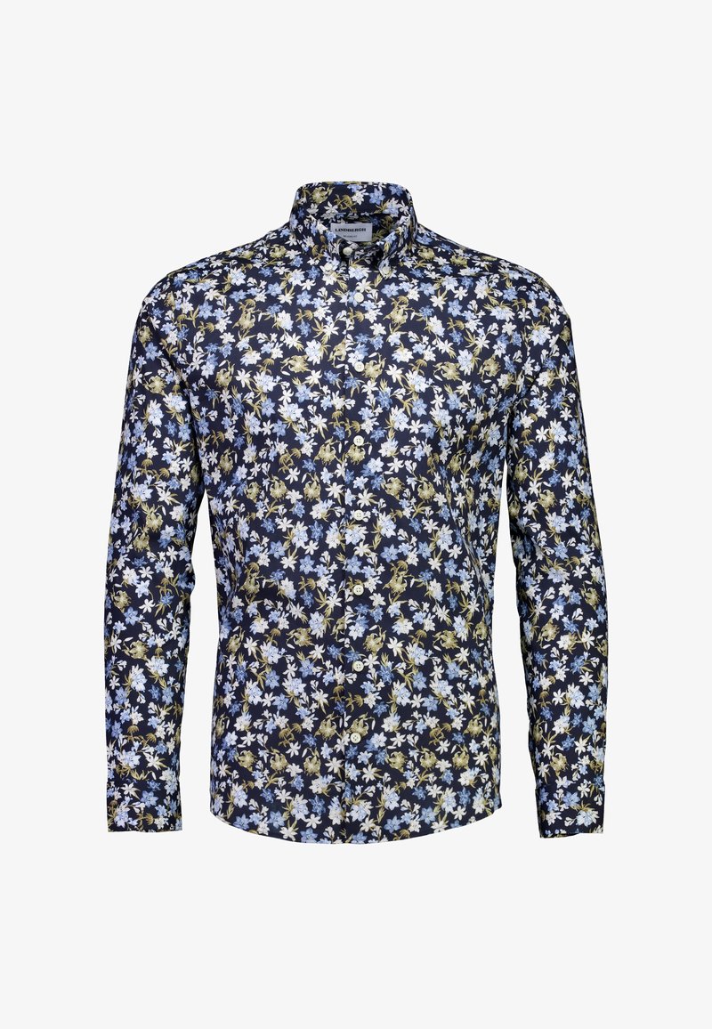 Koszula na guziki w kolorze granatowym z kwiatowym wzorem, zawierająca białe i jasnoniebieskie kwiaty oraz złote akcenty. Długie rękawy i klasyczny kołnierz.