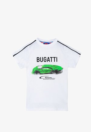 T-shirt bianco in cotone con illustrazione della Bugatti Chiron in verde. Strisce nere sulle spalle, con il testo "BUGATTI" sopra il grafico.