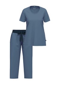 Blauw kortmouwen top met een ronde hals, gecombineerd met bijpassende broek met een elastische tailleband en strikdetail in de taille.