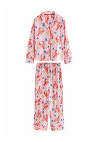 Rosa Schlafanzugset mit einem karierten Muster, das rote Krebse und blaue Sterne zeigt. Das Oberteil hat lange Ärmel und einen Knopfverschluss; die Hose hat einen elastischen Bund.