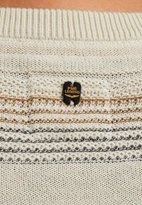 Beige knit sweater featuring horizontal stripes in brown and gray, detailed with a black tag embossed with "PME LEGEND." Textured fabric.